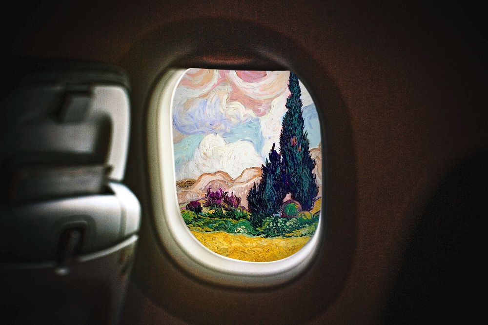 Plane window background, Van Gogh's landscape art remix. Remixed by rawpixel.