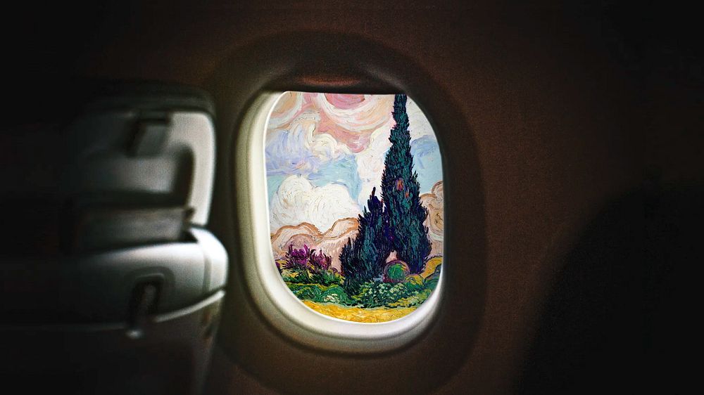 Plane window desktop wallpaper, Van Gogh's landscape. Remixed by rawpixel.