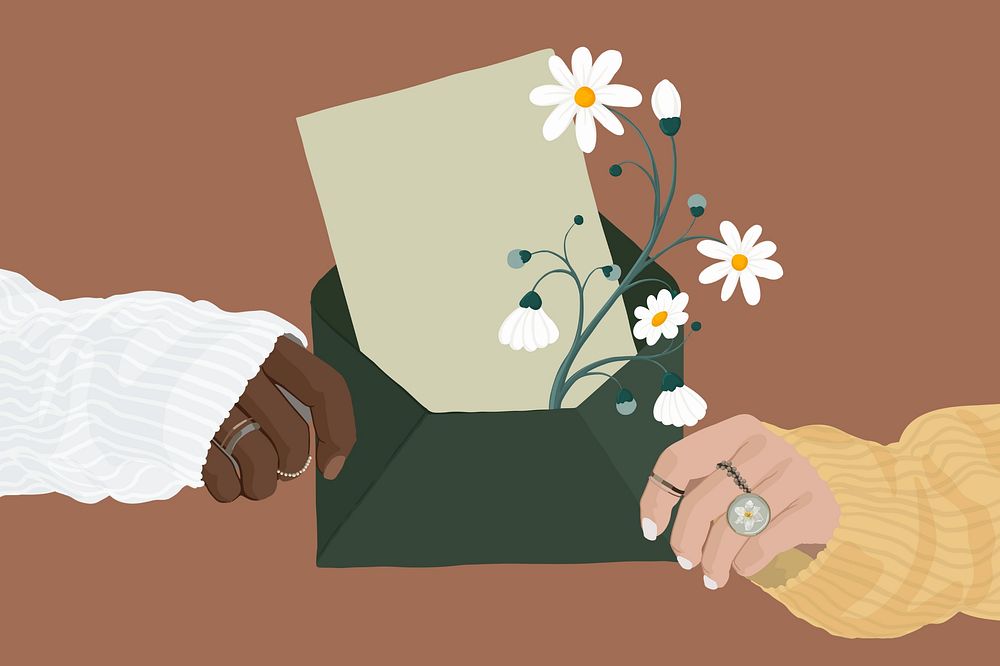 Flowers in envelope, brown background, aesthetic illustration