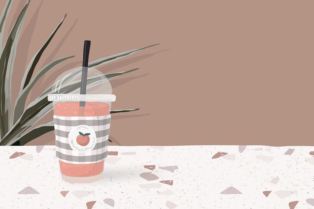 Aesthetic drink & plant, brown background, cute illustration