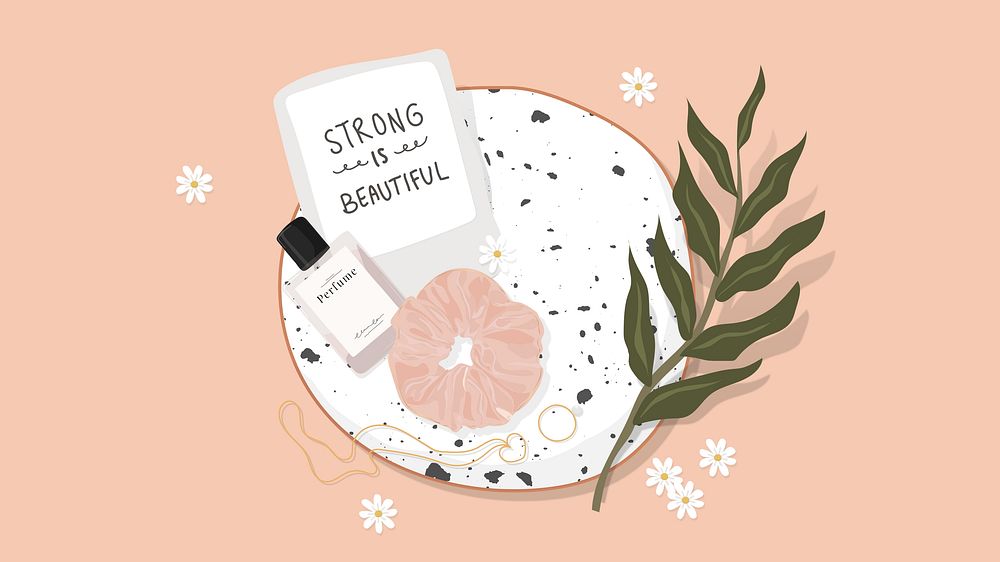 Cosmetic tray & quote desktop wallpaper, aesthetic illustration 
