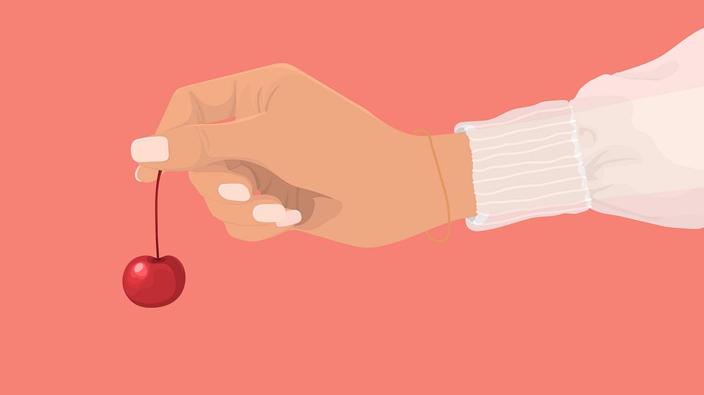 Hand holding cherry desktop wallpaper, aesthetic illustration