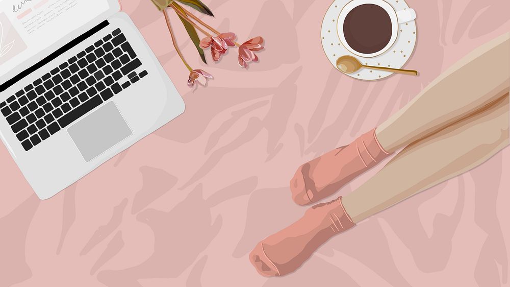 Laptop, coffee & flower, desktop wallpaper, aesthetic feminine illustration