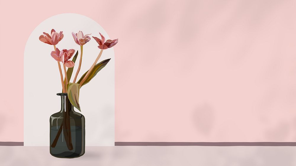 Aesthetic flower vase, desktop wallpaper, pink feminine illustration