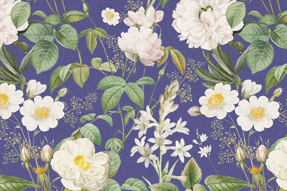 Vintage white flower pattern background illustration by Pierre Joseph Redouté. Remixed by rawpixel.