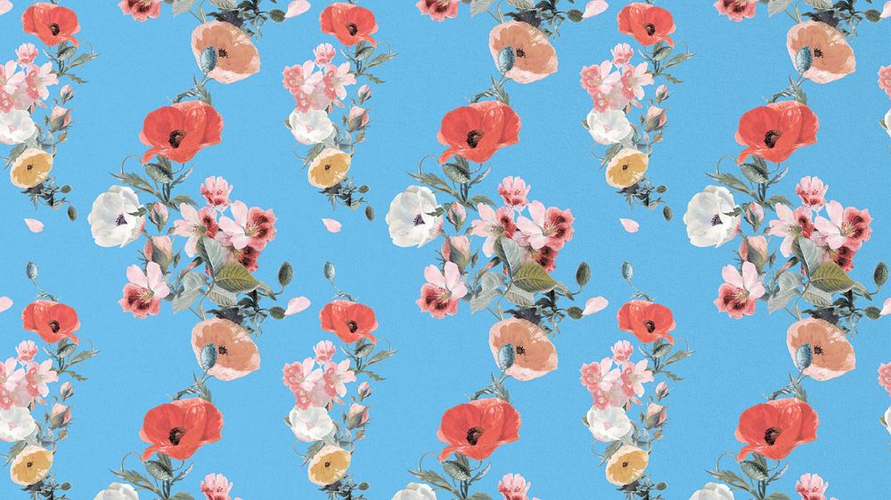 Floral blue desktop wallpaper, vintage flower pattern illustration by Pierre Joseph Redouté. Remixed by rawpixel.