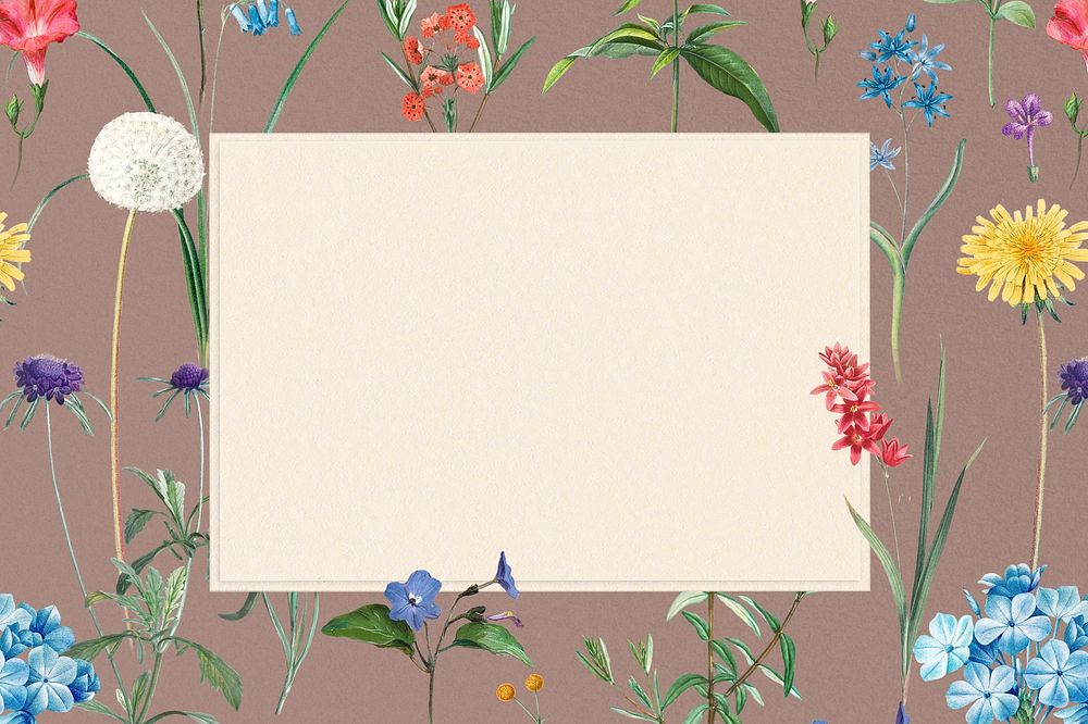 Brown background, vintage floral frame illustration by Pierre Joseph Redouté. Remixed by rawpixel.