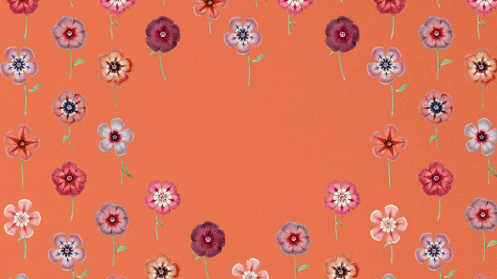 Orange desktop wallpaper, vintage floral frame illustration by Pierre Joseph Redouté. Remixed by rawpixel.