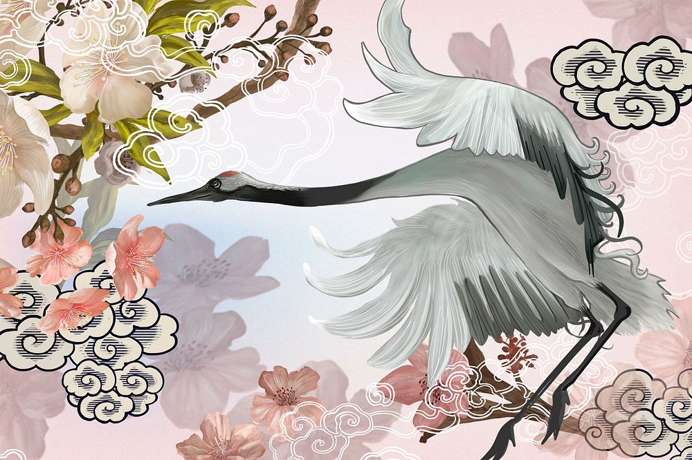 Flying Japanese crane background, traditional animal illustration