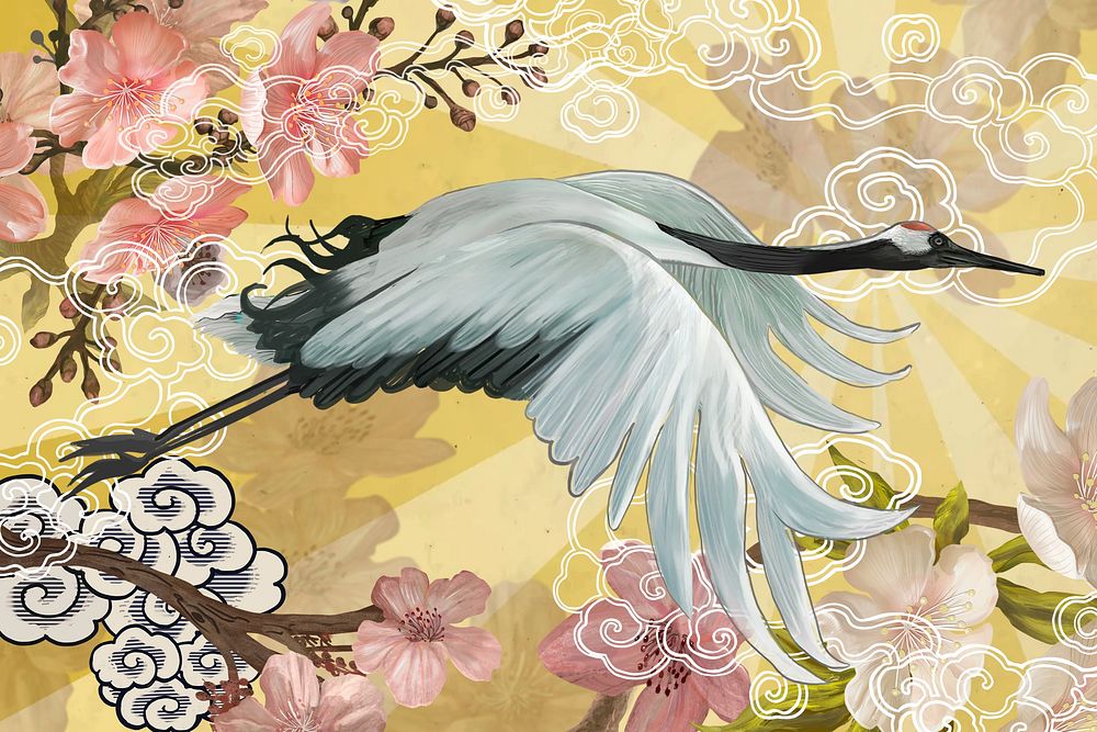 Flying Japanese crane background, traditional animal illustration