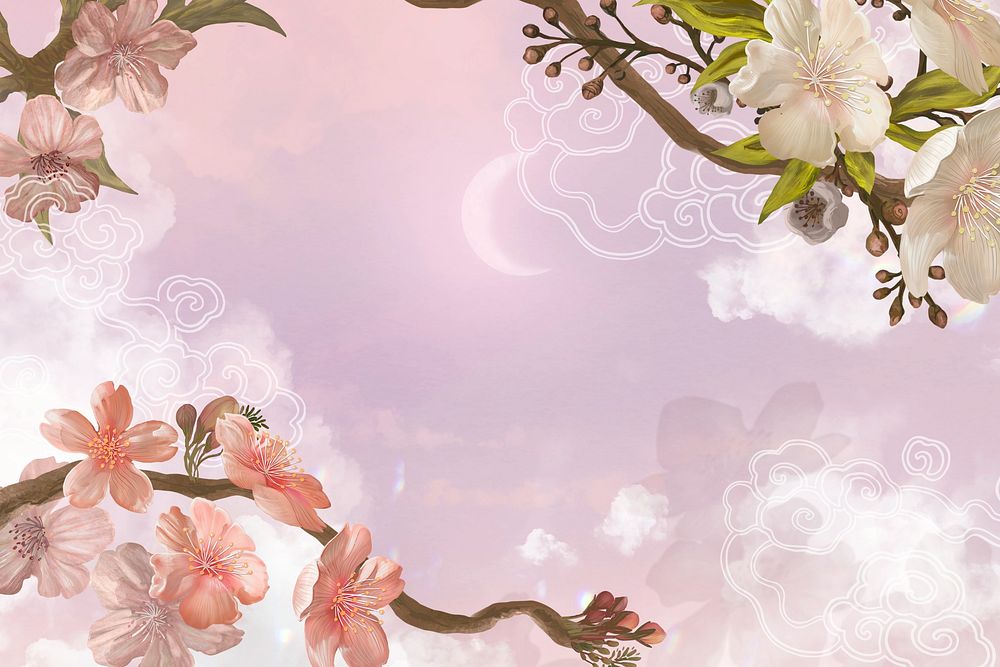 Japanese Sakura aesthetic background, traditional flower border 