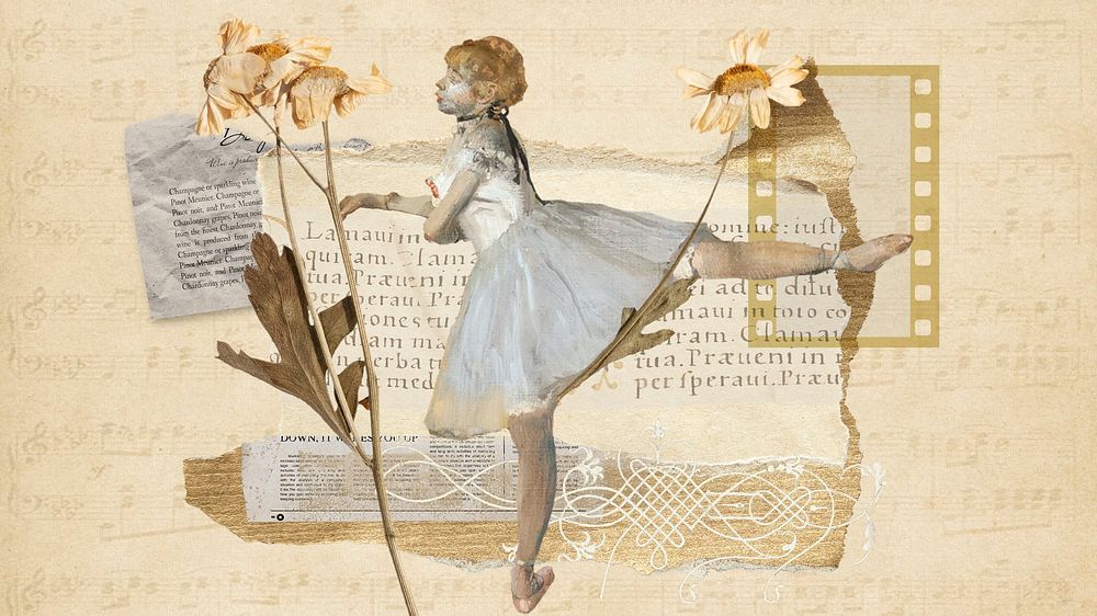 Ballerina aesthetic collage computer wallpaper, vintage paper textured background
