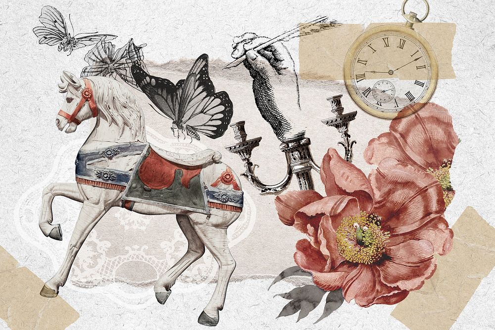 Aesthetic horse carousel background, vintage collage