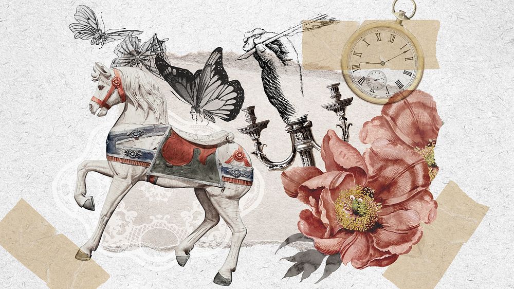 Aesthetic horse carousel desktop wallpaper, vintage collage background