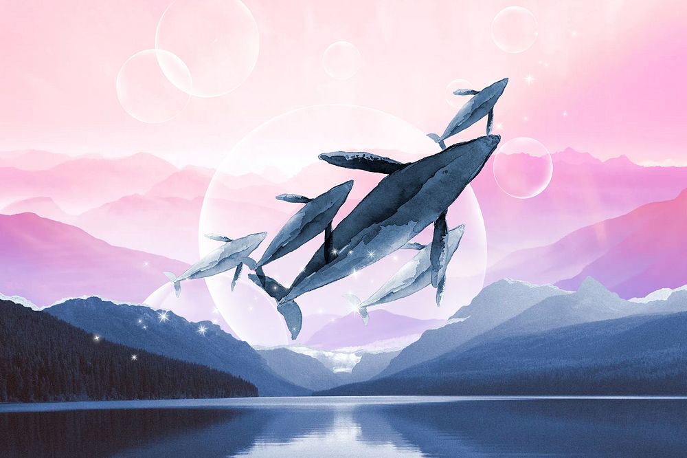 Flying whale watercolor background, nature aesthetic illustration