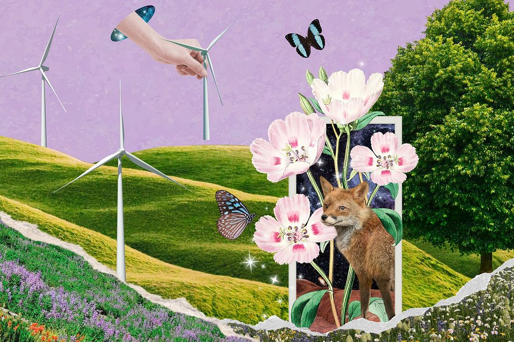 Surreal fox nature background, nature aesthetic remix