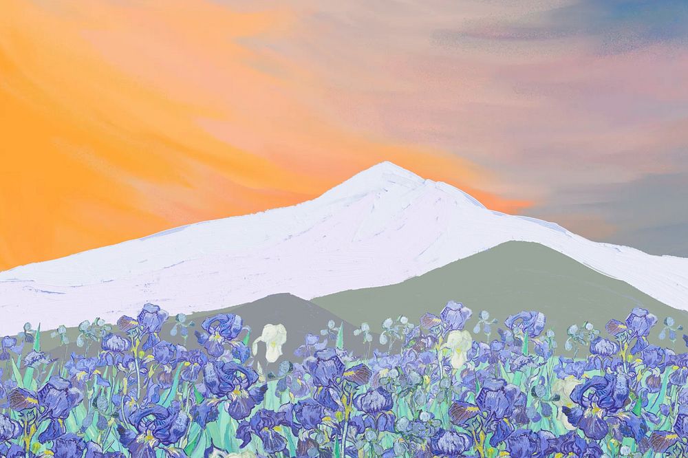 Mountain & Van Gogh's  irises background, remixed by rawpixel