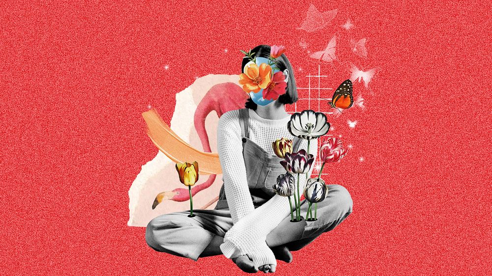 Surreal flower desktop wallpaper, aesthetic woman remix background