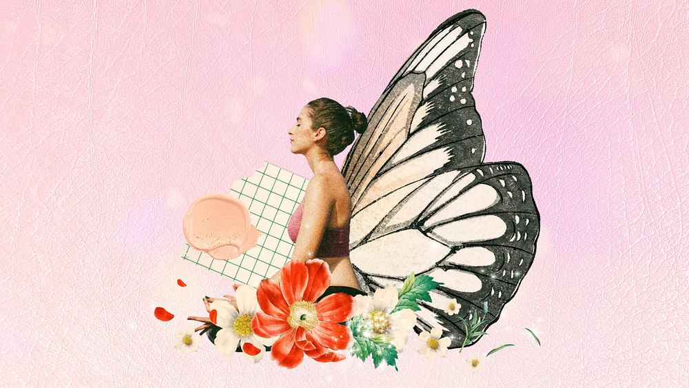 Surreal butterfly-winged woman desktop wallpaper, aesthetic floral remix background