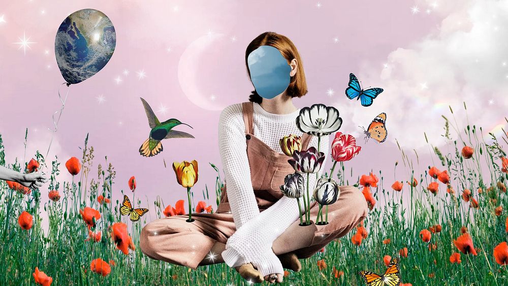 Aesthetic surreal landscape desktop wallpaper, faceless woman background