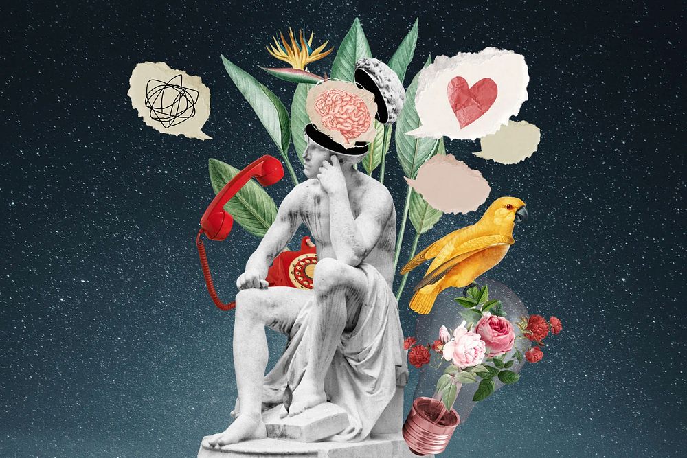 Greek God statue, surreal floral remix 