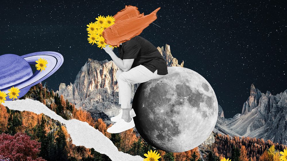 Moon collage art desktop wallpaper, surreal escapism background