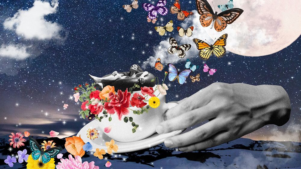 Coffee cup collage computer wallpaper, surreal escapism background