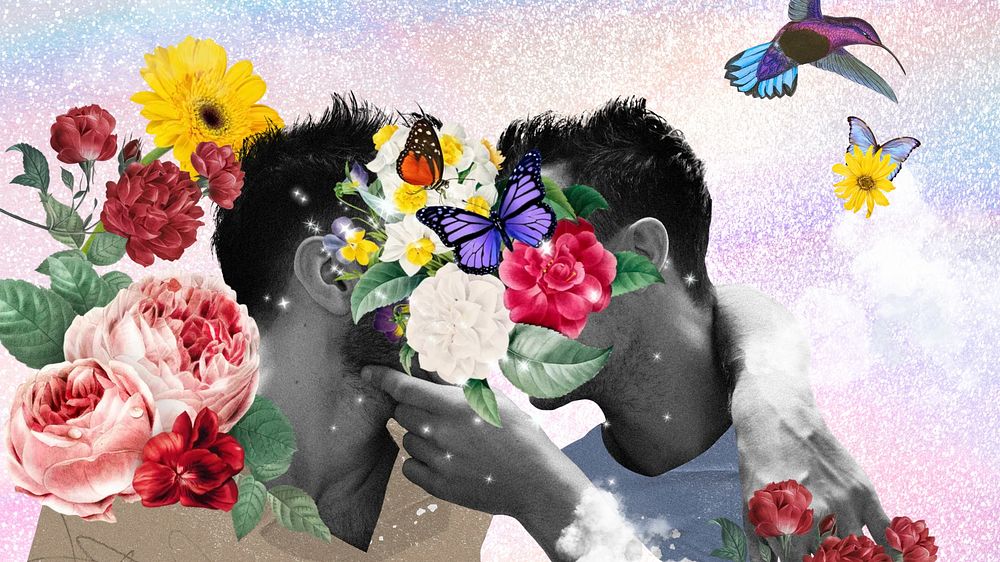 Gay couple kissing computer wallpaper, surreal LGBTQ remix background