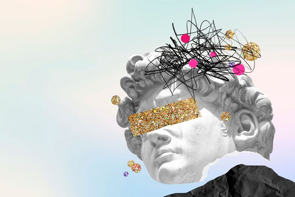 Blindfolded sculpture head, pastel sky remix