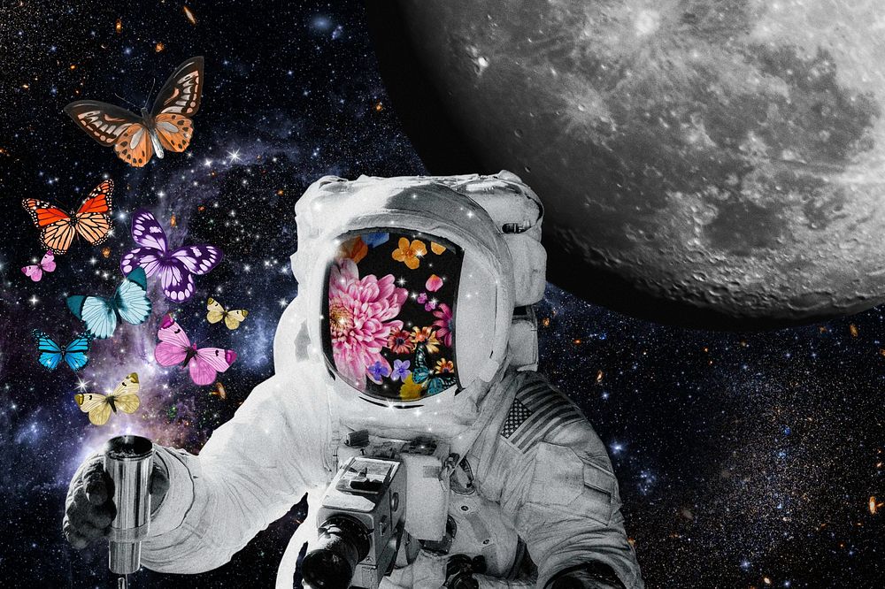 Galaxy sky, astronaut butterfly surreal collage art