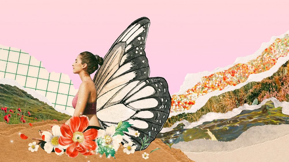 Butterfly wing woman HD wallpaper, surreal floral collage art