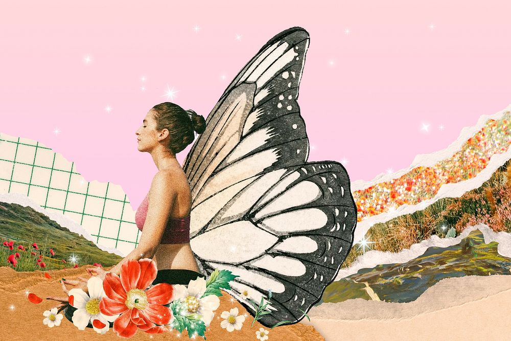 Surreal butterfly-winged woman, aesthetic floral remix