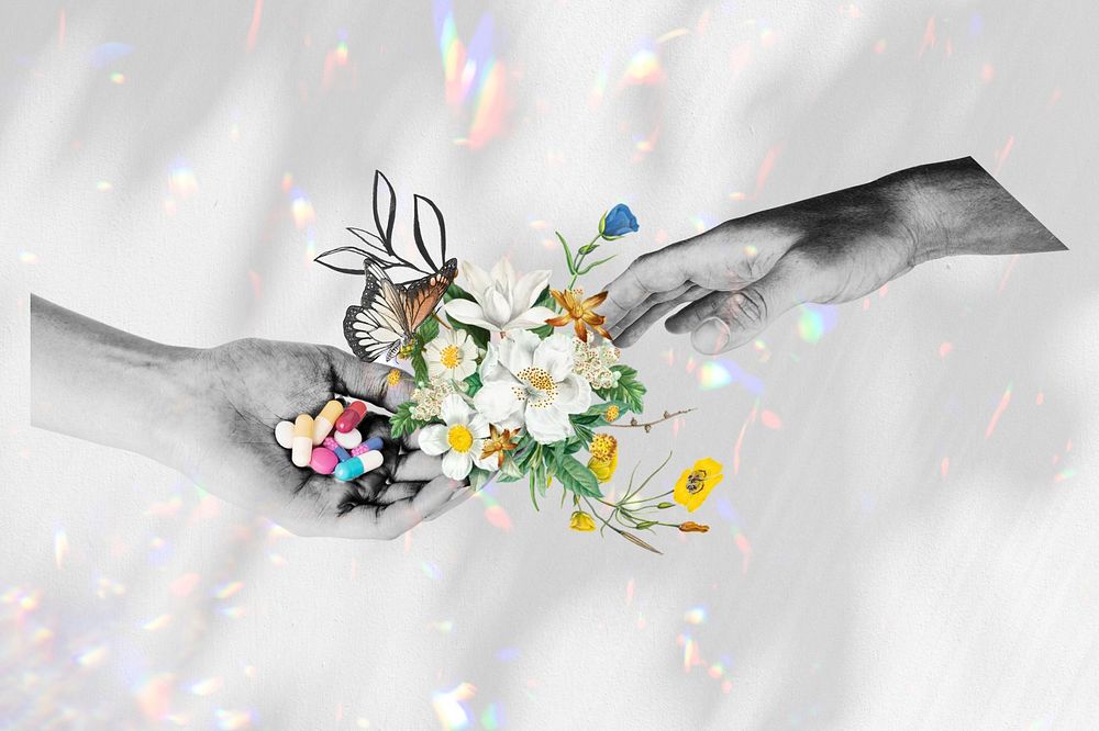 Couple hands giving flowers, surreal floral remix