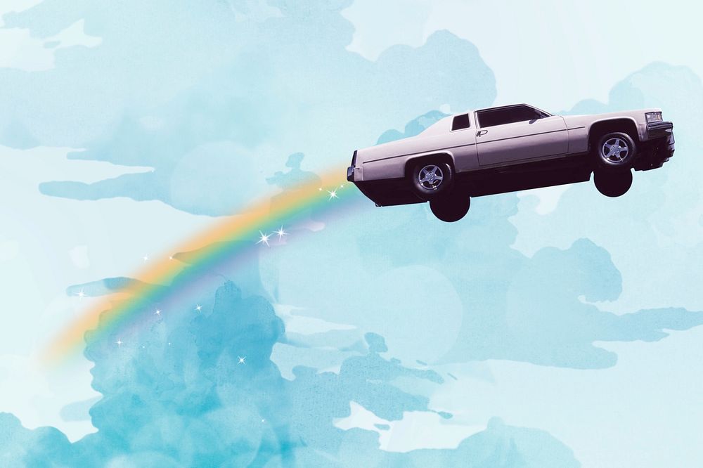 Flying car with rainbow, surreal remix