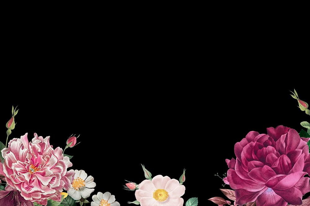 Floral black background, vintage flower border illustration