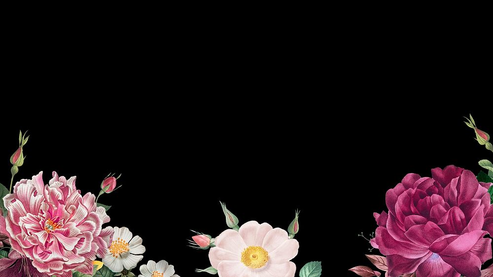 Vintage floral black desktop wallpaper, aesthetic flower border illustration