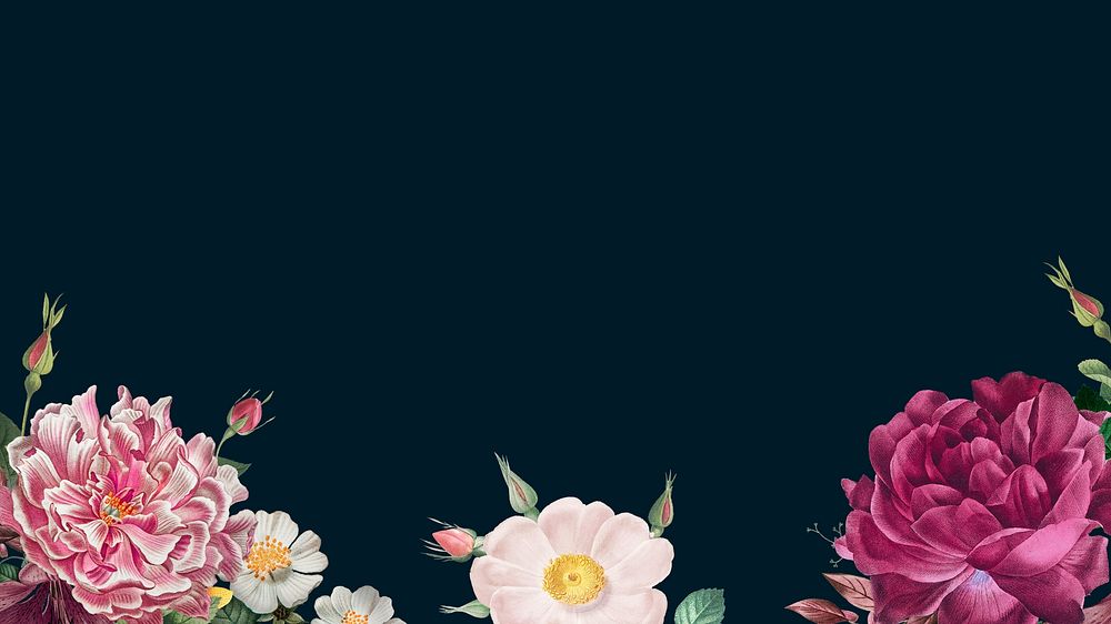 Floral dark blue desktop wallpaper, vintage watercolor botanical border illustration