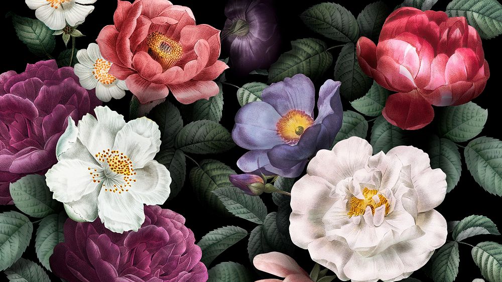 Aesthetic flower pattern desktop wallpaper, vintage watercolor botanical illustration