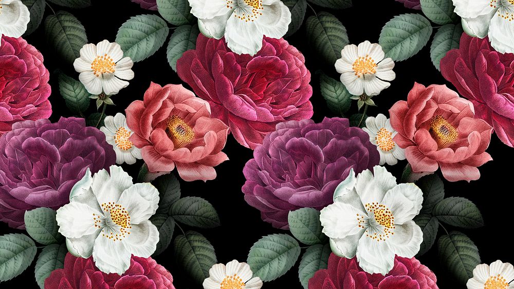 Vintage floral pattern desktop wallpaper, aesthetic watercolor botanical illustration
