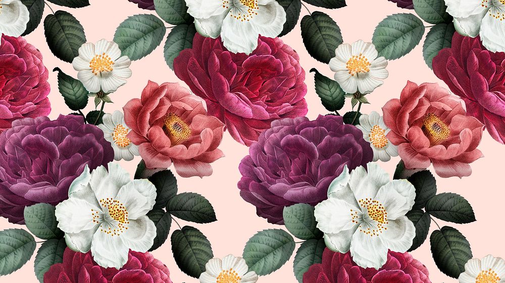 Aesthetic floral pattern desktop wallpaper, vintage botanical illustration