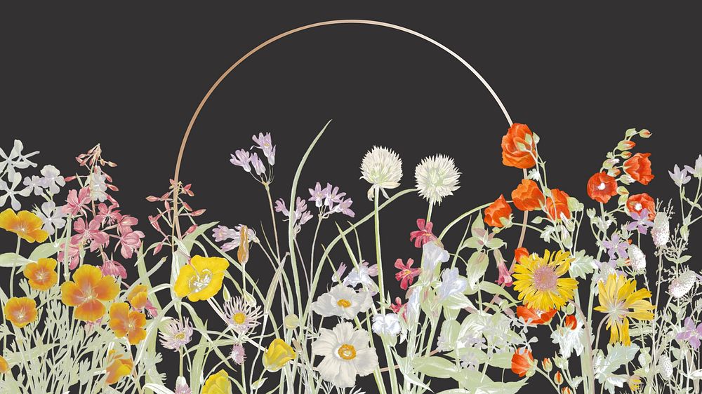 Aesthetic gold frame desktop wallpaper, blooming flower border illustration