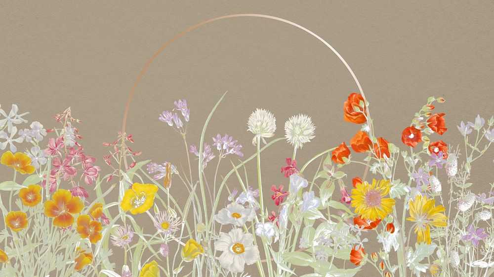 Spring gold frame computer wallpaper, flower border illustration