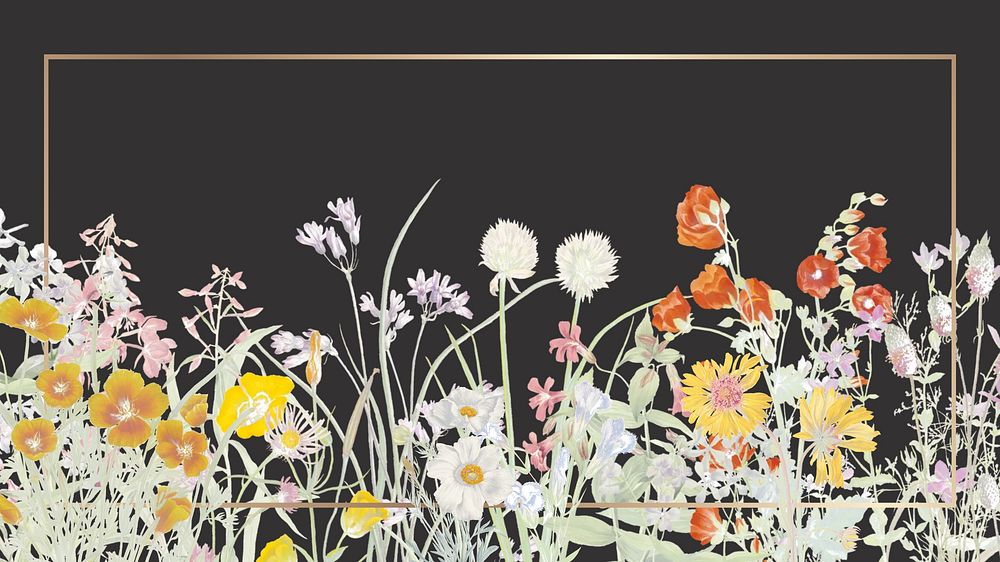 Aesthetic gold frame desktop wallpaper, flower border illustration