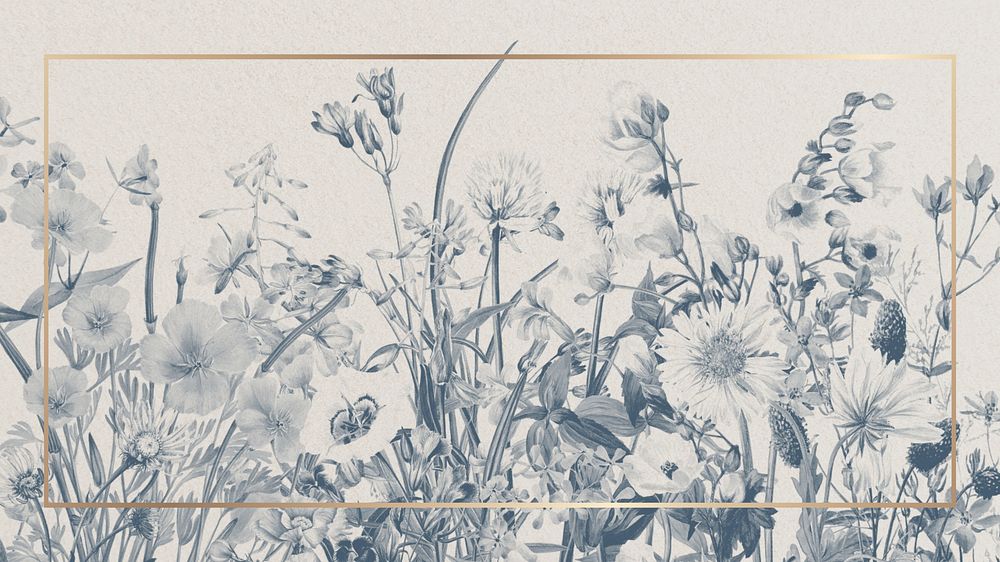 Blue flower desktop wallpaper, gold frame illustration