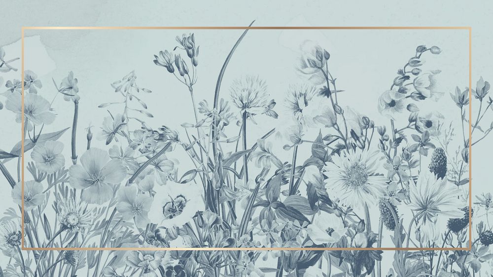 Winter gold frame desktop wallpaper, blue flower illustration