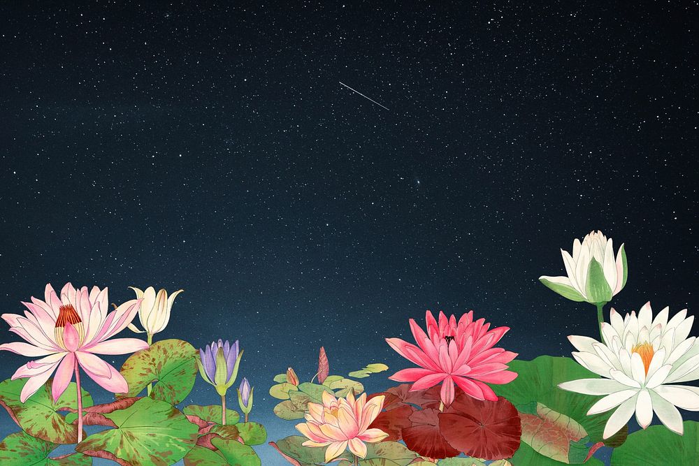 Starry sky lotus border background. Remixed by rawpixel.