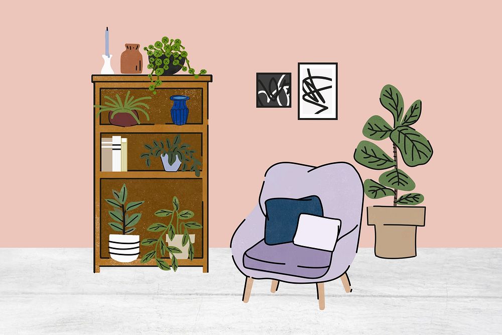 Pastel living room illustration, aesthetic pink background