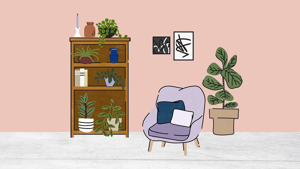 Pastel living room desktop wallpaper, asthetic illustration