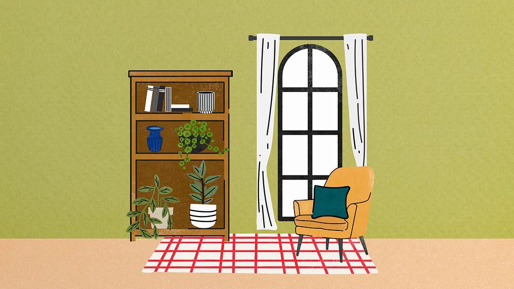 Retro interior design desktop wallpaper, aesthetic doodle