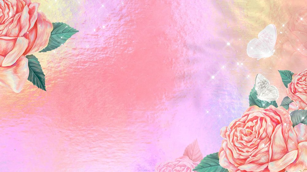 Pink rose border computer wallpaper, aesthetic flower background